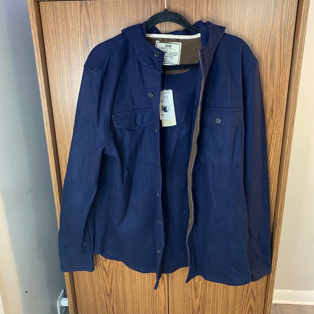 CHOR‎ Hooded Shirt Jacket Mens L Navy Blue Wool Blend Corduroy Trim Shacket